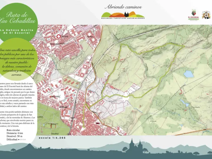 Mapa de rutas san lorenzo del escorial, destacando la "Ruta de Las Cebadillas" a través de la dehesa, un camino histórico para el ganado.