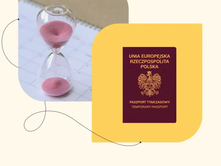 Klepsydra i polski paszport tymczasowy symbolizują, ile trwa wyrobienie paszportu w trybie przyspieszonym.