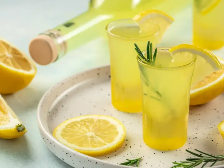 Orzeźwiający limoncello co to? Włoski likier cytrynowy w kieliszkach, ozdobiony cytryną i rozmarynem, obok butelki i świeżych cytryn.