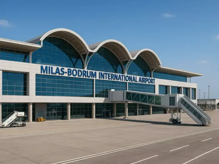 Nowoczesny budynek lotniska Milas-Bodrum International Airport z charakterystycznymi łukami dachu i przeszkloną fasadą.