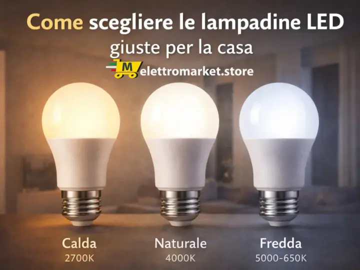 Tre tipi di lampade LED: calda (2700K), naturale (4000K) e fredda (5000-650K), per scegliere l'illuminazione giusta per la casa.