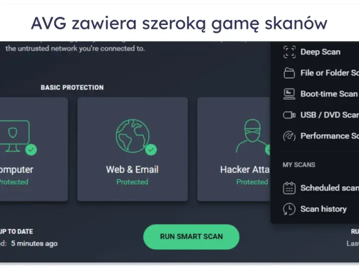 Interfejs programu AVG Antivirus Free oferuje różne opcje skanowania, w tym skanowanie komputera, sieci i poczty.