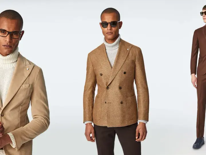 Uomini eleganti con giacche color terra e dolcevita, perfetti per idee outfit sera.
