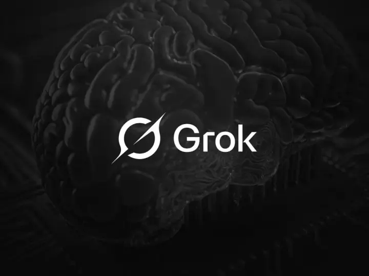 Mroczne, stylizowane ludzkie mózg z logo Grok. Czy to przyszłość sztucznej inteligencji?