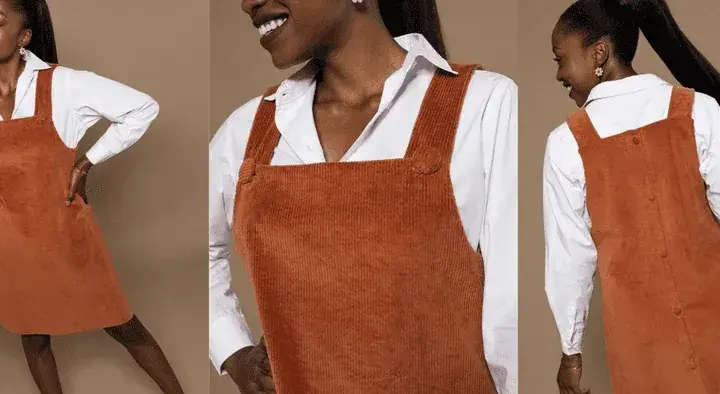 Trois vues d'une robe chasuble orange en velours côtelé, portée sur une chemise blanche.