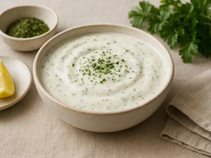 A bowl of creamy ranch dressing with herbs, a lemon wedge, and a small dish of dried herbs.