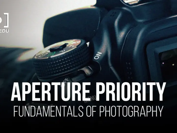 Gros plan sur un appareil photo, avec le texte "APERTURE PRIORITY" et "FUNDAMENTALS OF PHOTOGRAPHY". Le mode priorité ouverture est essentiel pour maîtriser la profondeur de champ.