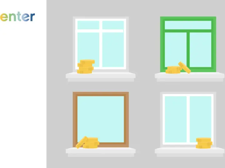 Stapel Münzen auf Fensterbänken, die unterschiedliche Fensterrahmen und -größen zeigen. Die Grafik illustriert die Frage nach den Fenster Kosten pro m2.