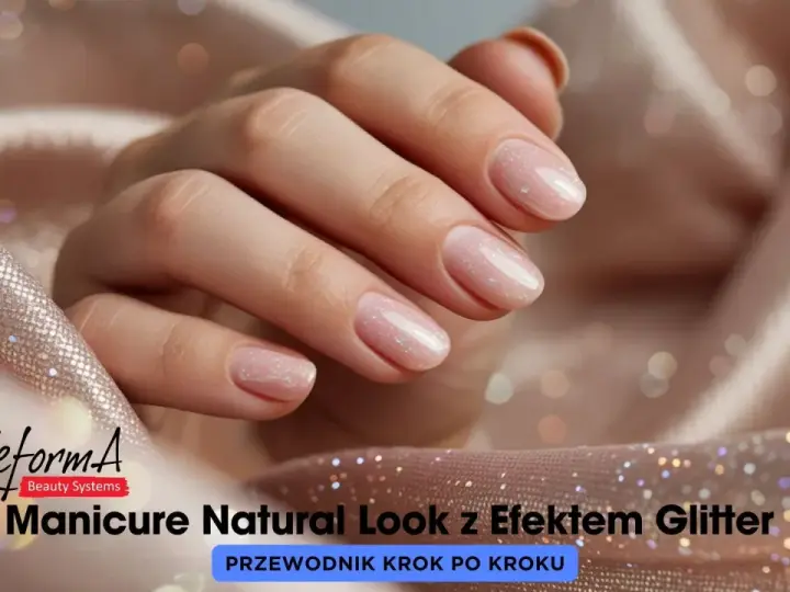 Delikatne zdobienie paznokci w naturalnym stylu z efektem glitter. Dłonie prezentują subtelny manicure, podkreślony blaskiem.