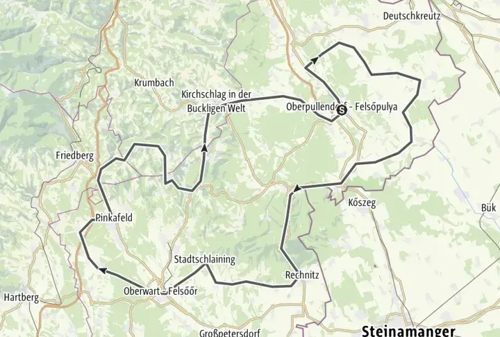 Mappa di un percorso in moto attraverso l'Ungheria e l'Austria, con tappe a Oberwart, Kőszeg e altri luoghi.