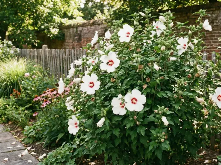 Białe kwiaty hibiskusa odmiany do ogrodu kwitną obficie przy drewnianym płocie. Pszczoły zbierają nektar.