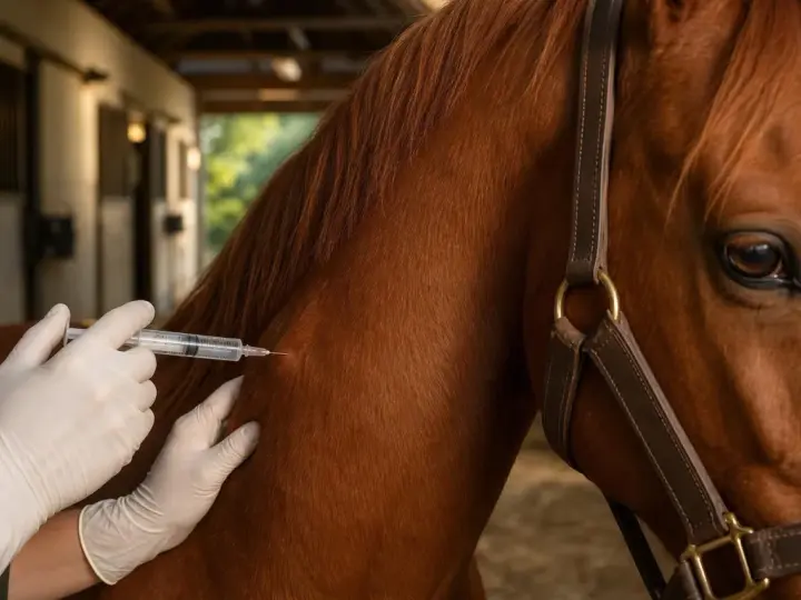 Un vétérinaire administre un vaccin à un cheval brun dans une écurie.