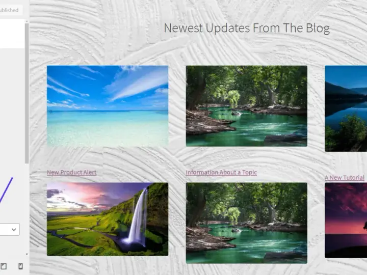 Image de fond WordPress avec des paysages variés : mer turquoise, rivière en forêt, lac au clair de lune, cascade, et arbre au coucher du soleil.