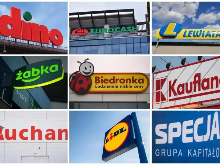 Logo sklepów: Dino, Eurocash, Lewiatan, Żabka, Biedronka, Kaufland, Auchan, Lidl, Specjał. Zastanawiasz się, ile zarabia się w Żabce?