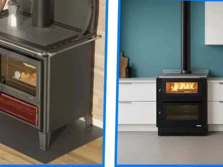 Cuisinière à bois ancienne et moderne dans une cuisine.