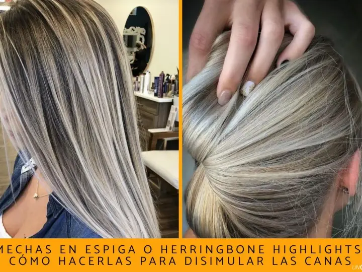 Pelo rubio con mechas plateadas y oscuras, creando un efecto de pelo con canas y mechas que disimula las canas.