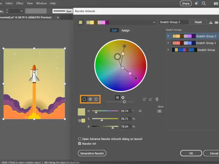 Panel "Recolor Artwork" w Adobe z kołem kolorów, rakietą kosmiczną i opcjami zmiany barw.