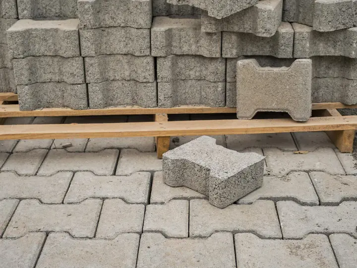 Stos kostki brukowej na palecie. Widać pojedyncze elementy, które posłużą do ułożenia nawierzchni. Zastanawiasz się, ile grysu pod kostkę potrzebujesz?