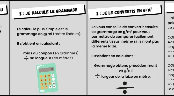 Calcul du poids m2 d'un tissu : peser, mesurer la laize et la longueur, puis convertir en g/m² pour comparer.