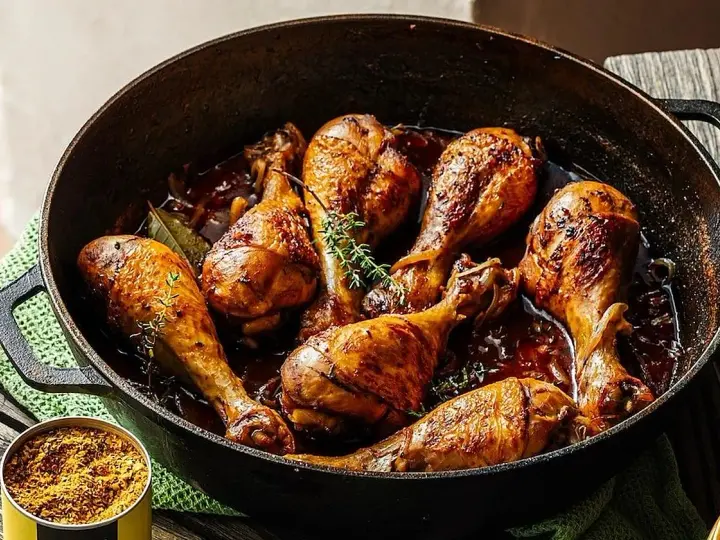 Muslos de pollo dorados y jugosos en salsa, servidos en una olla de hierro fundido con hierbas.