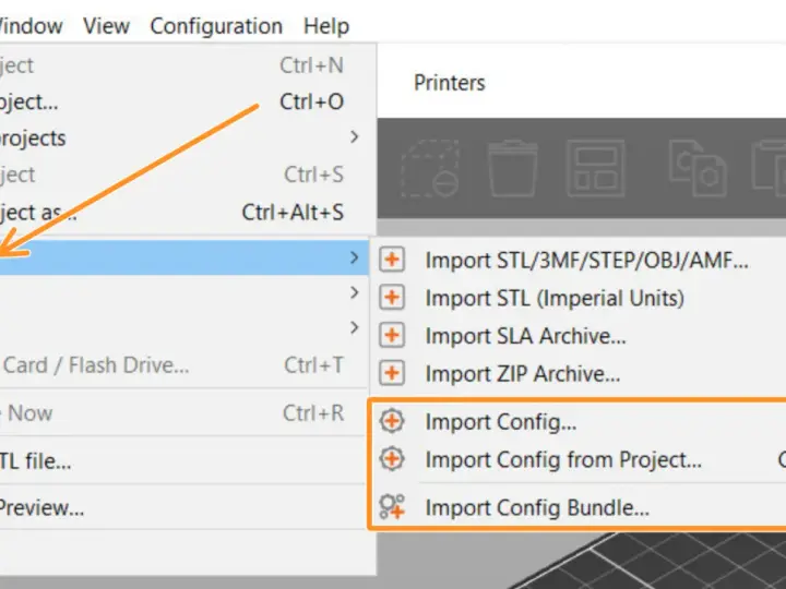 Menu "Import" w slicerze Prusa, z podświetloną opcją "Import Config...".