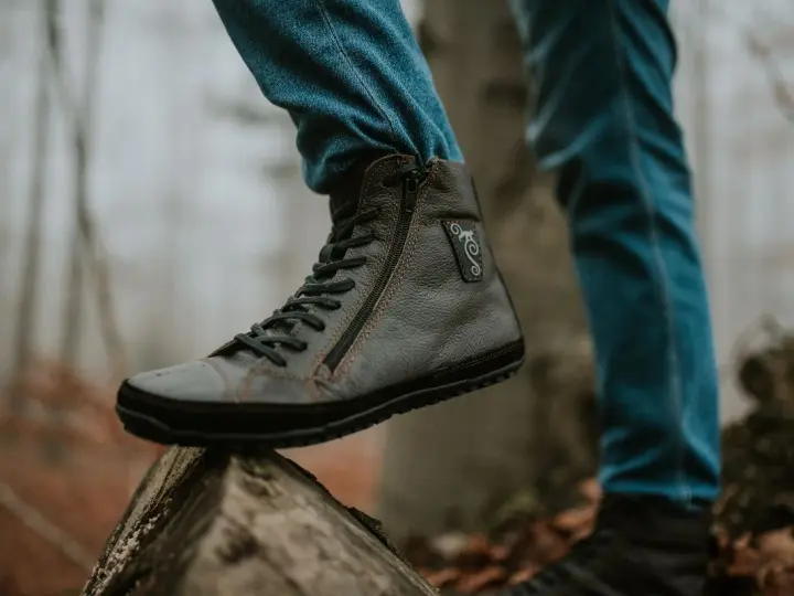 Szare buty barefooty na drewnianym pniu, w jesiennym lesie.