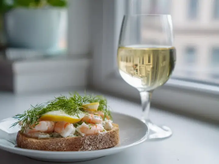 En smörgås med räkor och dill, perfekt med ett glas vitt vin till skaldjur.