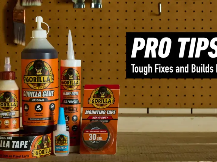 A collection of Gorilla Glue products, including wood glue, original glue, heavy duty construction adhesive, super glue, mounting tape, and black tape, displayed as a guide for tough fixes.