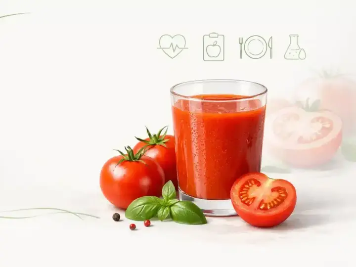 Szklanka soku pomidorowego, pomidory i bazylia. Czy sok pomidorowy jest zdrowy? Ikony symbolizujące zdrowie i dietę.