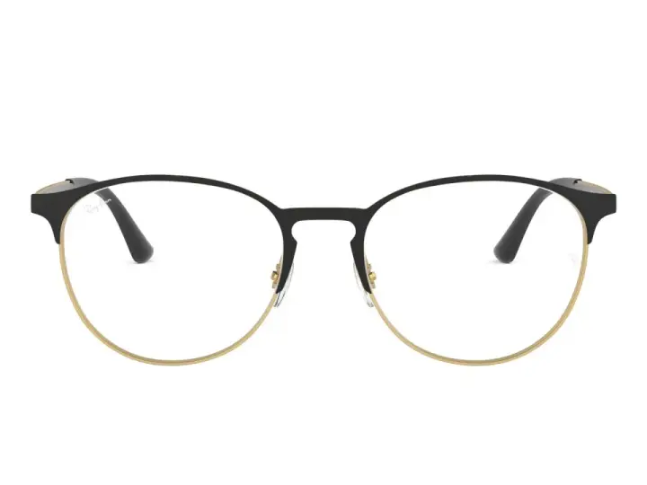 Eleganckie okulary korekcyjne Ray-Ban z czarnymi oprawkami i złotym wykończeniem. Jedne z dobrych marek okularów korekcyjnych.