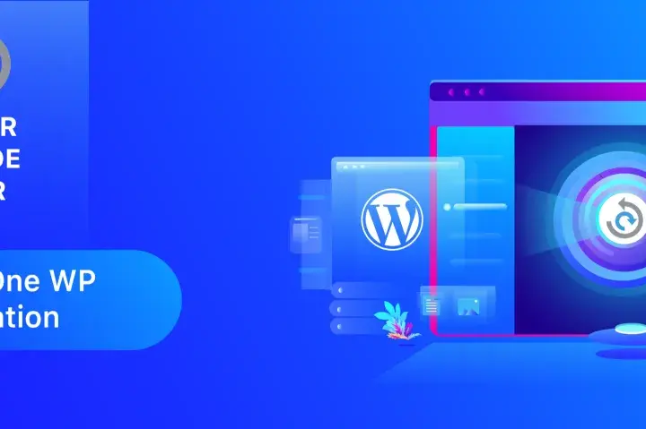 Guide pour la migration WordPress tout-en-un. Illustration abstraite avec le logo WordPress et un symbole de transfert.