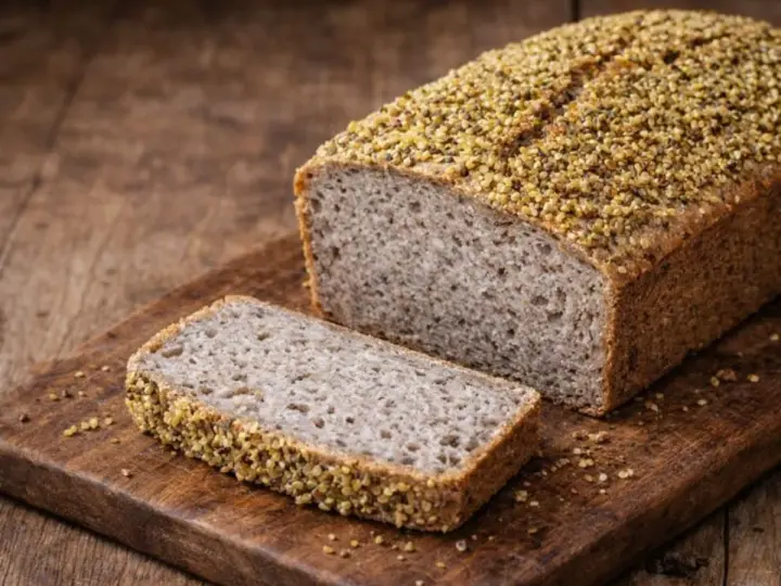 Ein rustikales Buchweizenbrot mit einer Scheibe auf einem Holzbrett. Die Kruste ist mit Buchweizenkörnern bestreut.