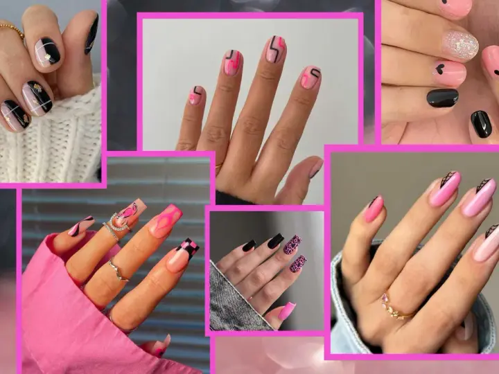 Collezione di unghie rosa e nere semplici con vari design: cuori, fiamme, geometrie e glitter.
