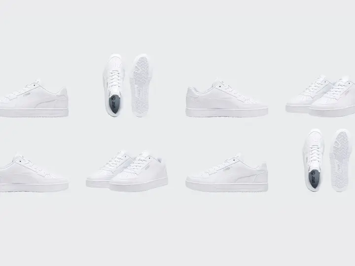 Varias zapatillas blancas de piel Puma, perfectas para limpiar y mantener impecables.