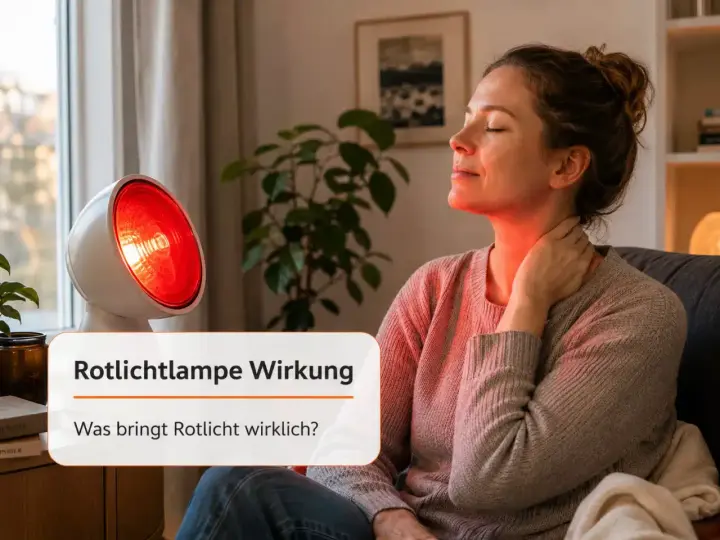 Frau genießt die wohltuende Rotlichtlampe Wirkung am Nacken. Die Wärme entspannt und lindert Verspannungen.