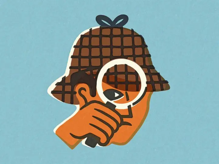 Stylizowana głowa w kapeluszu detektywa, z lupą przed okiem. Wszyscy wiemy, kto tak bada sprawy – to Sherlock Holmes!