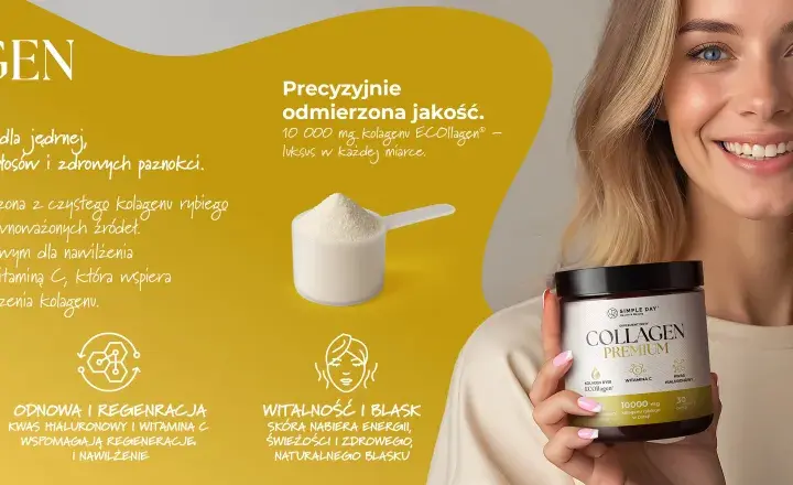 Uśmiechnięta kobieta z produktem Collagen Premium. Kolagen rybi efekty: gładka skóra, mocne włosy, zdrowe paznokcie.