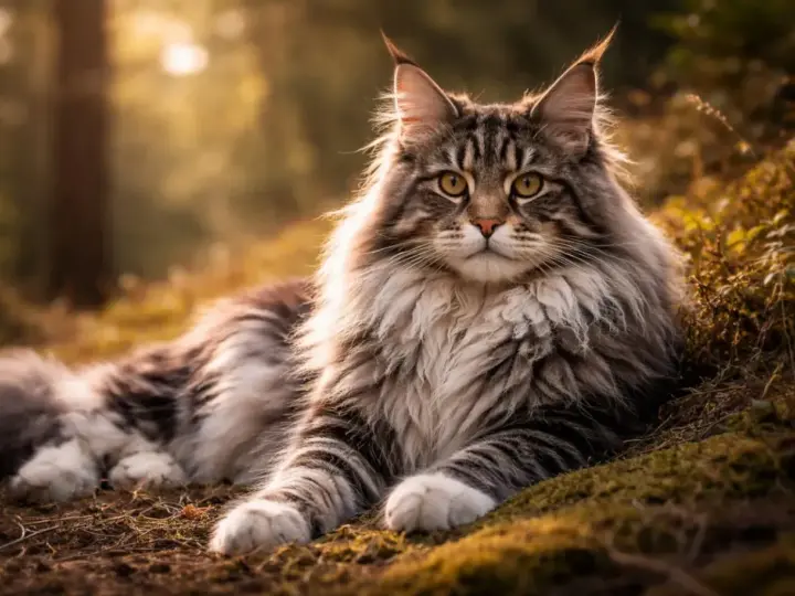Majkun, majestatyczny kot rasy Maine Coon, odpoczywa w jesiennym lesie, otoczony złotym światłem.