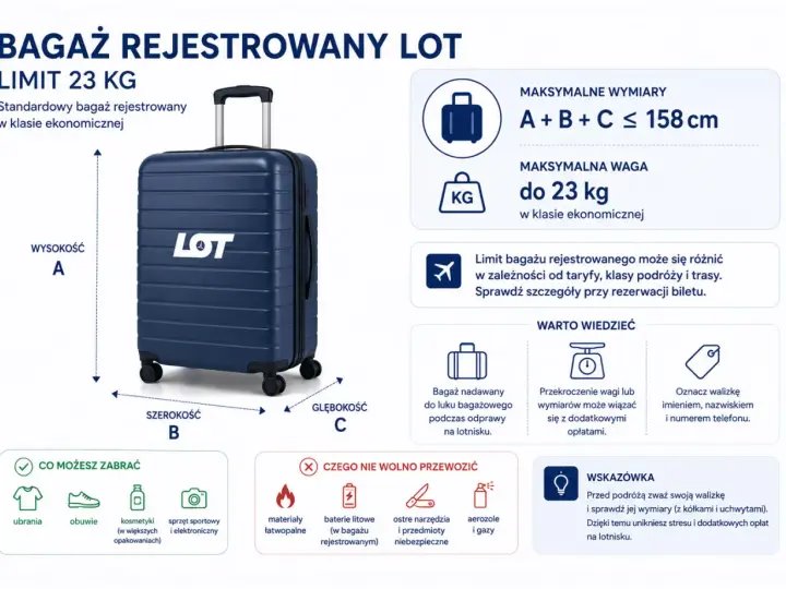 Bagaż rejestrowany LOT do 23 kg, wymiary A+B+C ≤ 158 cm. Sprawdź zasady przewozu i wymiary przed podróżą.