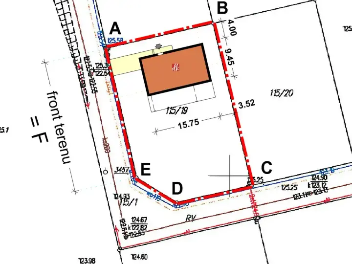 Plan działki z zaznaczonym budynkiem i wymiarami, określający warunki zabudowy.