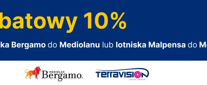 Kod rabatowy 10% na transfer z lotniska Bergamo do Mediolanu lub Malpensa. Logo Bergamo i TerraVision.