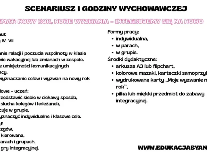 Scenariusz godziny wychowawczej dla klasy 4: "Nowy rok, nowe wyzwania – integrujemy się na nowo". Cele to wzmacnianie relacji, komunikacji i współpracy.