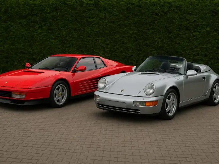 Czerwone Ferrari Testarossa i srebrny kabriolet Porsche 911 stoją obok siebie. Który wybierasz?