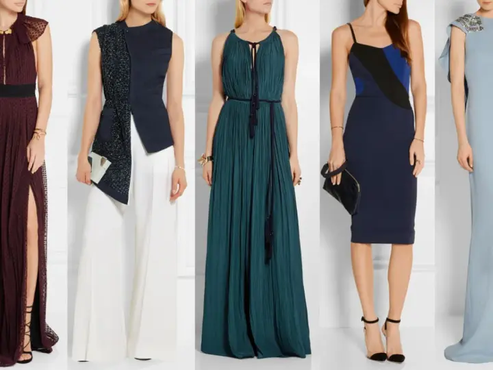 Cinque abiti eleganti per un matrimonio serale: dal bordeaux con spacco al blu notte, idee su come vestirsi.