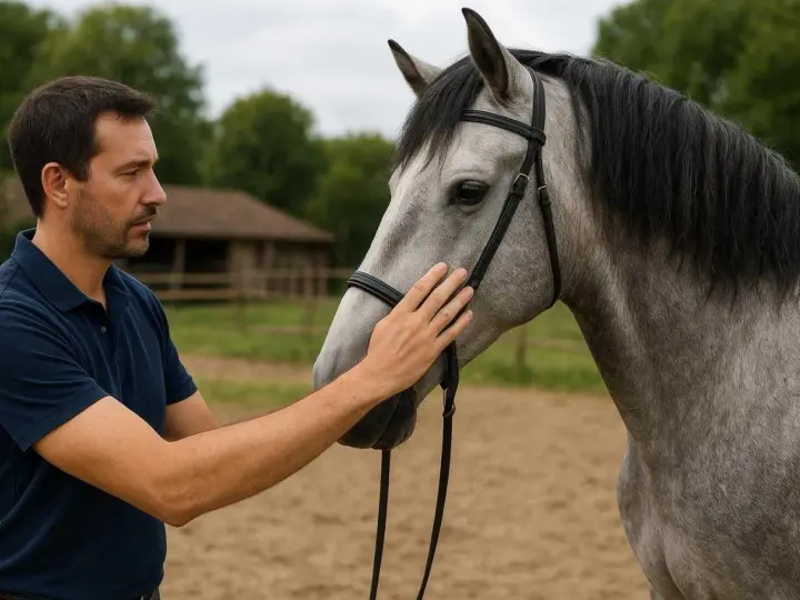 Un homme caresse la tête d'un magnifique cheval lusitanien gris, dans un manège.