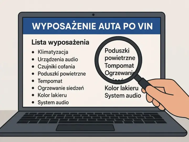 Lista wyposażenia auta po VIN na ekranie laptopa. Lupa powiększa "Poduszki powietrzne", "Tempomat", "Ogrzewanie". Vin decoder VW pomoże sprawdzić te elementy.