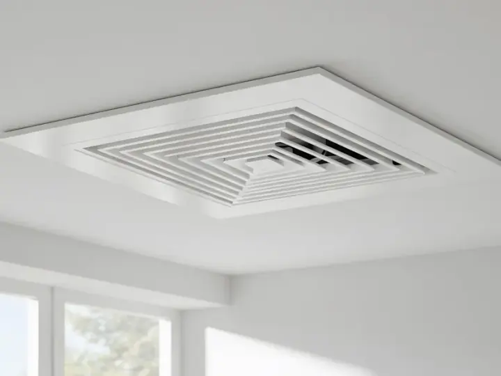 Rejilla cuadrada blanca empotrada en el techo, parte de un sistema de aire centralizado, con un diseño escalonado que dirige el flujo de aire.