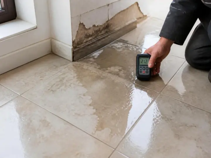 Un professionnel utilise un humidimètre pour diagnostiquer un carrelage qui se décolle à cause de l'humidité, révélant des dégâts importants.