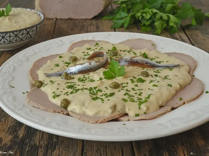 Vitello tonnato veloce: fettine di arrosto di vitello con salsa tonnata, capperi, acciughe e prezzemolo tritato.