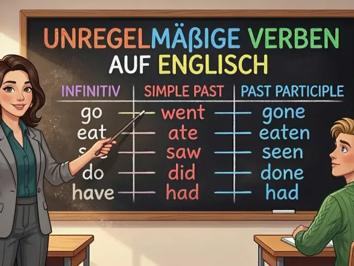Lehrerin erklärt einem Schüler unregelmäßige verben englisch auf einer Tafel.